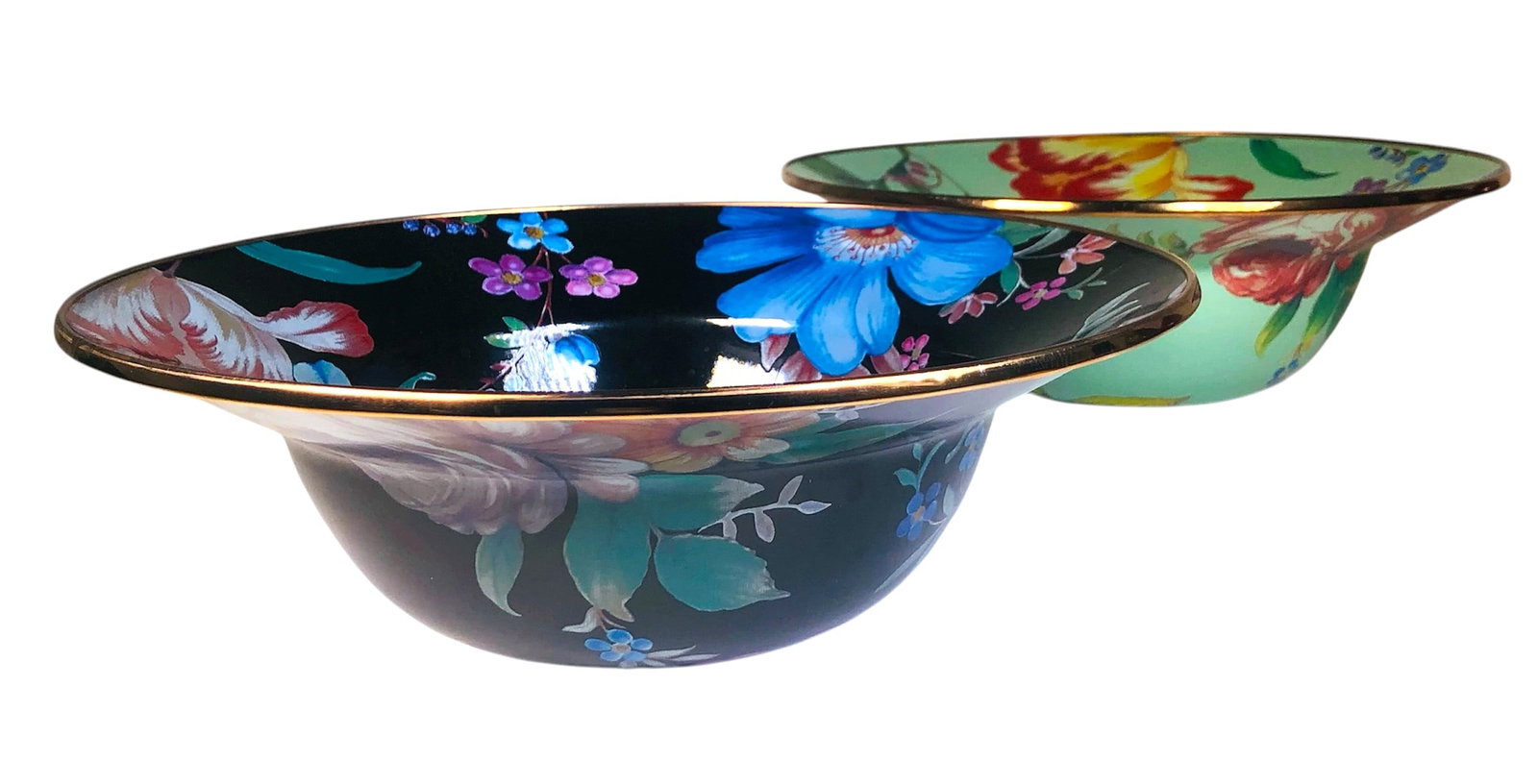 MacKenzie-Childs Enamelware Bowls (2): Two enamelware bowls by MacKenzie-Childs. Marked on underneath. Excellent condition. Dimensions: Dia. 11 3/4 inches H. 3 3/4 inches