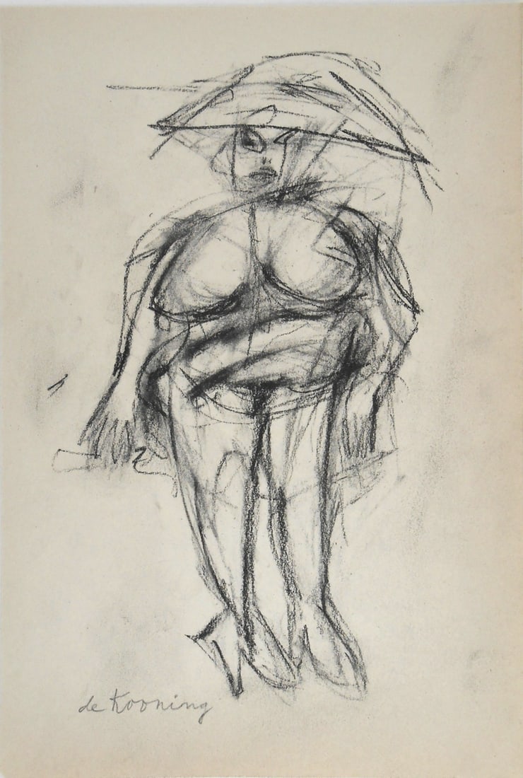Willem De Kooning* (1904-1997) Charcoal Drawing (See Guarantee & Disclaimer: Charcoal drawing on wove paper, standing woman ("Mary With A Hat II"), pencil signed (Willem de Kooning*, 1904-1997). Circa 1950-1955. Very good condition, having no apparent damage or repairs. Remove