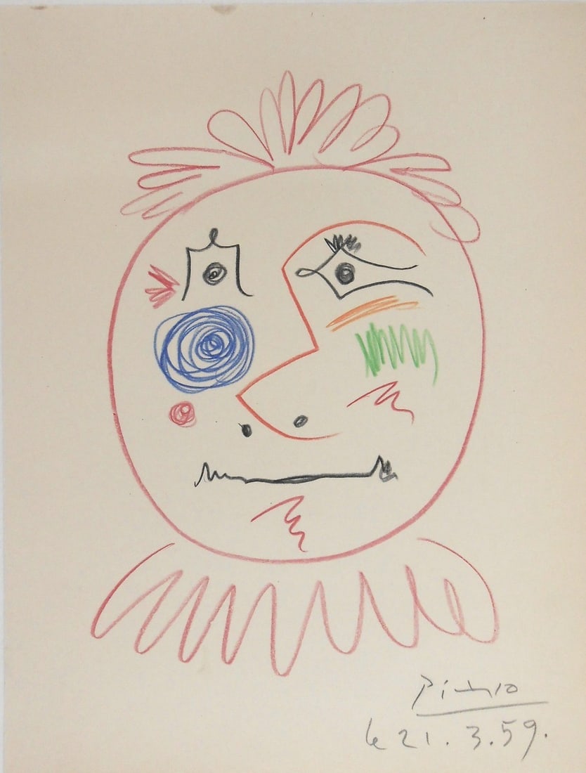 Pablo Picasso* (1881-1973) Drawing (See Guarantee & Disclaimer): Colored pencil drawing on smooth wove paper, face (possibly a clown), pencil signed and dated (Pablo Picasso*, 1881-1973). Very good condition overall, having no readily apparent damage or repairs. Ha