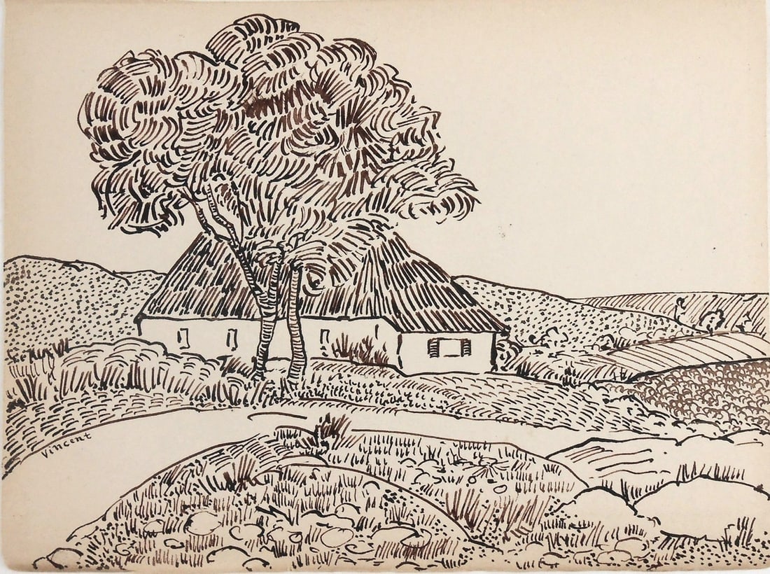 Vincent Van Gogh* (1853-1890) Sketchbook Drawing (See Guarantee & Disclaimer): Brown ink sketchbook drawing on medium weight wove paper, landscape with farmhouse, signed (Vincent van Gogh*, 1853-1890). Very good condition overall. No repairs or visible damage. Sold unframed, as 