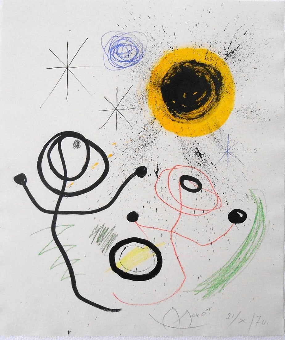 Joan Miro* (1893-1983) Mixed Media Drawing (See Guarantee & Disclaimer): Mixed media drawing on fine laid paper, untitled abstract with figures and constellations, pencil signed and dated (Joan Miro*, 1893-1983). Very good condition. No visible damage or repairs. Removed f