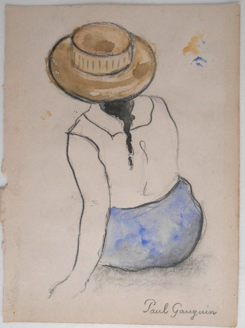 Paul Gauguin* (1848-1903) Watercolor With Charcoal (See Guarantee & Disclaimer): Watercolor with pencil on wove sketchbook paper, seated woman wearing a hat, Tahiti, circa 1893-94, pencil signed (Paul Gauguin*, 1848-1903). Very good condition overall, having no visible damage or r