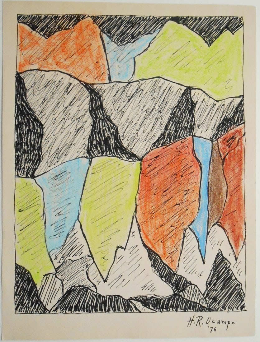 Hernando Ocampo* (1911-1978) Mixed Media (See Guarantee & Disclaimer): Mixed media on wove paper, untitled abstract, signed (Hernando Ruiz Ocampo*, 1911-1978). Dated '76. Very good condition overall, having no apparent damage or repairs. Unframed for inspection and shipp