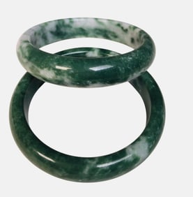 Two Green & White Chinese Jade Bangle Bracelets