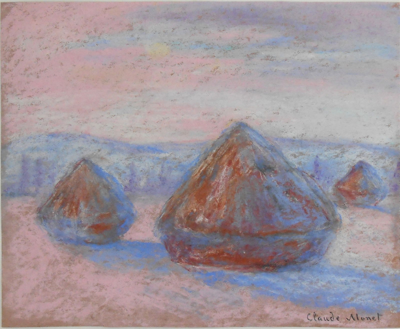 Claude Monet* (1840-1926) Pastel (See Guarantee & Disclaimer): Pastel on rose-colored wove paper, winter field with haystacks, signed (Claude Monet*, 1840-1926). Circa 1885-1895. Good condition overall. Unframed for inspection, photographing, and shipping. Sold u