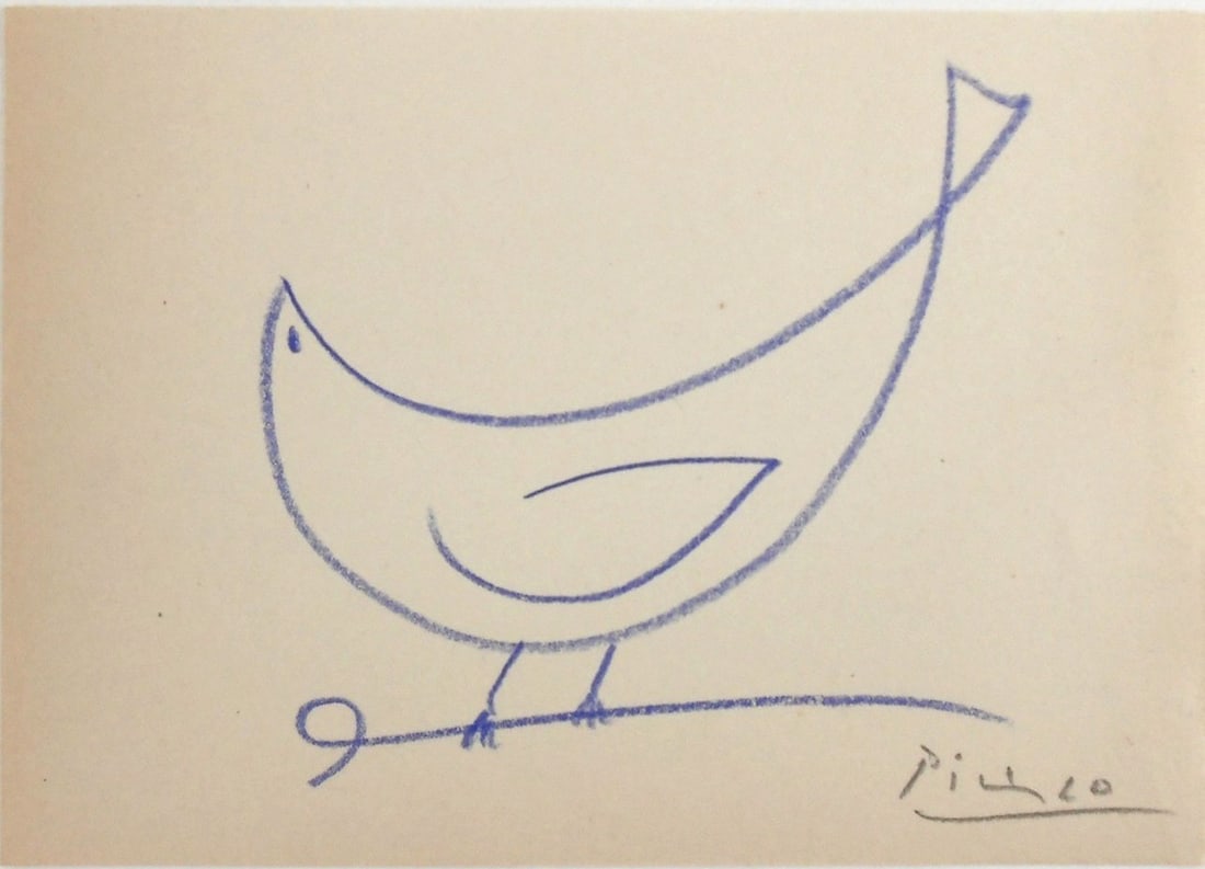 Pablo Picasso* (1881-1973) Drawing (See Guarantee & Disclaimer): Colored pencil drawing on wove paper, blue bird, signed (Pablo Picasso*, 1881-1973). Very good condition overall, having no readily apparent damage or repairs. Has been removed from frame for inspecti