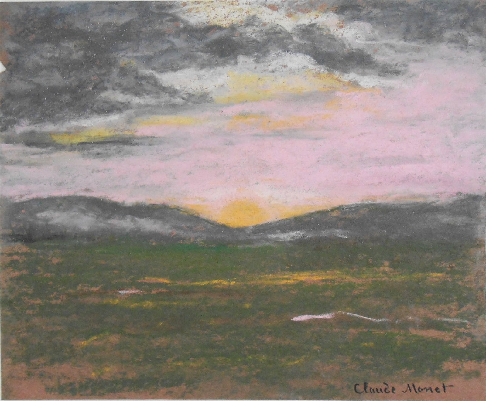 Claude Monet* (1840-1926) Pastel (See Guarantee & Disclaimer): Pastel on rose-colored wove paper, sunrise over a vast field with hills in the distance, signed (Claude Monet*, 1840-1926). Circa 1885-1895. Very small paper chip at upper lefthand margin, otherwise g