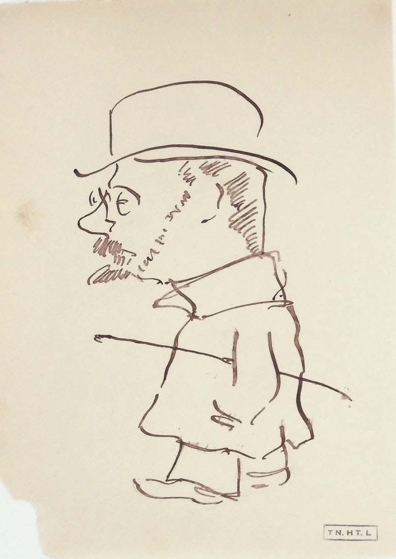 Henri De Toulouse-Lautrec* (1864-1901) Caricature Sketch (See Guarantee & Disclaimer): Brown ink drawing on laid paper, self-portrait caricature, studio stamp (Henri de Toulouse-Lautrec*, 1864-1901) slight damage to lower left corner not affecting the drawing and a few areas of minor fo