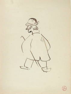 Henri De Toulouse-Lautrec* (1864-1901) Caricature Sketch (See Guarantee & Disclaimer): Brown ink drawing on wove paper, self-portrait caricature, stamped monogram - Lugt 1338 (Henri de Toulouse-Lautrec*, 1864-1901). Very good condition overall.Dimensions: H. 10 inches W. 7 3/4