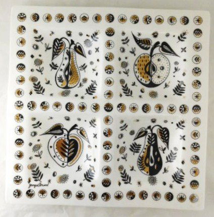 Georges Briard Divided Glass Serving Dish: Decorated with painted apples and pears. Circa 1960. 15 x 15 inches.