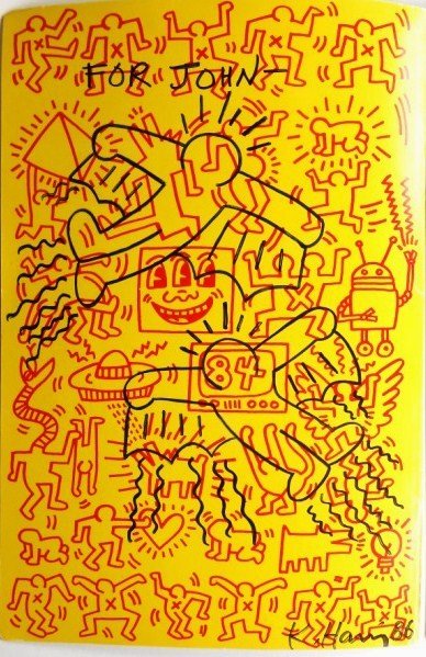 Keith Haring (1958-1990) Art In Transit Drawing: Original marker pen sketch attributed to Keith Haring (1958-1990) and executed on the inside front cover of "Art in Transit (Subway Drawings by Keith Haring)". Sketch is signed and dated 1986 and insc