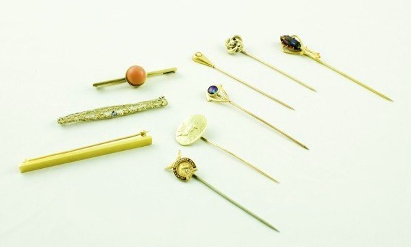 Antique & Vintage Stickpins And Bar Pins: Group of 6 old stickpins, some 14KT, some set with diamonds and colored stones, together with 3 antique bar pins, One of the pins is 14KT set with blue sapphires in a filigree mounting, another is 10K