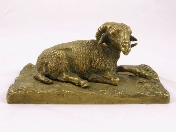 P. J. Mene (1810-1879) Gilt Bronze Ram: Belier Merinos Couche, by Pierre-Jules Mene. Signed. Mounted to a gilt bronze base. L. 6 inches. W. 2 7/8 inches.