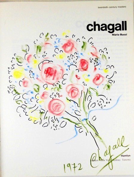 Marc Chagall Ink & Chalk Drawing: Original black ink and chalk drawing, bouquet of flowers, attributed to Marc Chagall (1887-1985) and executed on the title page of "Chagall" by Mario Bucci. Published by Hamlyn, London, 1971. Drawing 