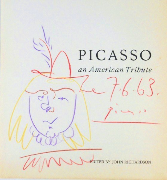Pablo Picasso (1881-1973) Title Page Drawing: Original colored pencil drawing, Man With A Red Hat, attributed to Pablo Picasso (1881-1973). Signed and dated. Executed on the title page of "Picasso: An American Tribute," edited by John Richardson,