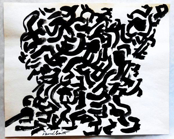 David Smith (1906-1965) Abstract Ink Drawing: Original black ink drawing attributed to David Smith (1906-1965). Untitled abstract composition. Signed lower middle but not dated. Very good condition. Unframed. 9 3/4 x 12 1/8 inches.Artist Note: Da