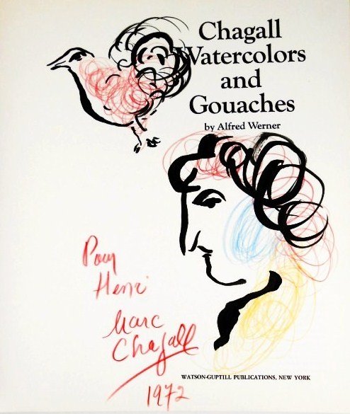Marc Chagall Original Title Page Drawing: Original colored pencil and ink drawing, self-portrait with bird, attributed to Marc Chagall (1887-1985) and executed on the title page of "Chagall Watercolors and Gouaches" by Alfred Werner. Hard cov