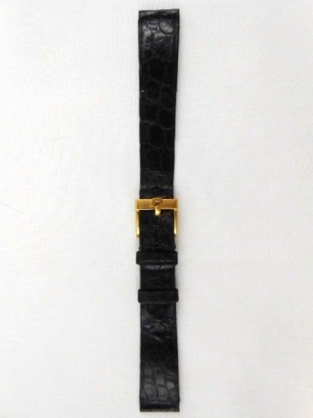 18 KT Gold Piaget Watch Buckle: Original black alligator watch strap with original 18 KT yellow gold Piaget watch buckle, fully hallmarked. SHIPPING NOTE: Although Preston Hall Gallery does not typically offer any packing or shippin