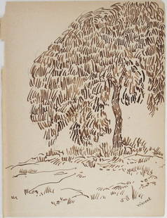 Vincent Van Gogh* (1853-1890) Sketchbook Drawing (See Guarantee & Disclaimer): Brown ink sketchbook drawing on medium weight wove paper, study of a tree in landscape, signed (Vincent van Gogh*, 1853-1890). Very good condition overall. No repairs or visible damage. Sold