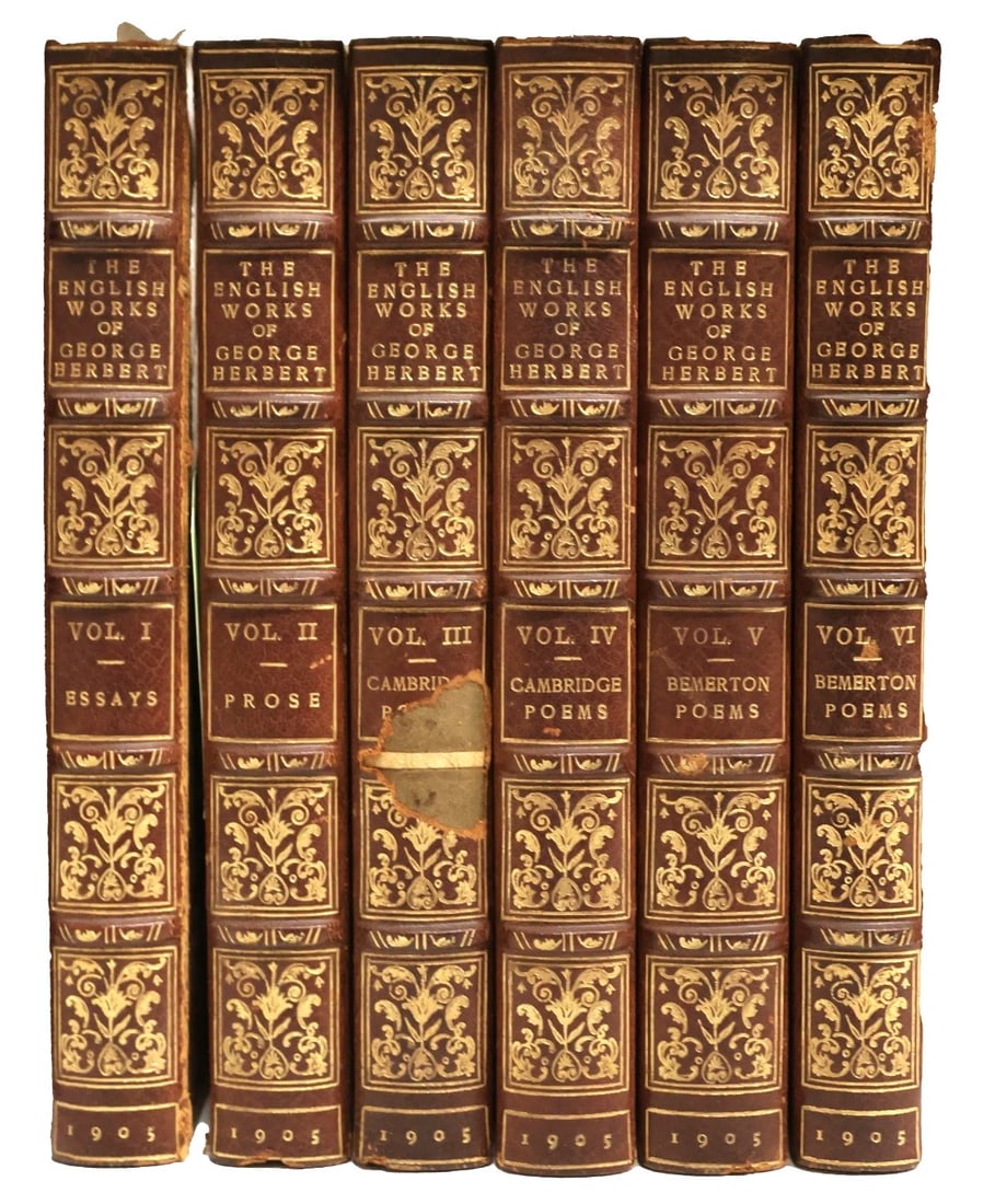 The English Works Of George Herbert, 1905: The English Works of George Herbert, edited by George Herbert Palmer, limited edition of 150, this set being number 86. Published by Houghton, Mifflin and Company, Boston, 1905. Note the handtooled gi
