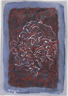 Mark Tobey* (1890-1976) Tempera On Paper (See Authentication Disclaimer): Tempera on blue wove paper, untitled abstract composition, signed (Mark Tobey*, 1890-1976). Excellent condition, having no readily apparent damage or repairs. Removed from frame for auction