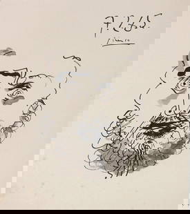 Pablo Picasso* (1881-1973) Ink Drawing (See Guarantee & Disclaimer): Black ink and wash drawing on cream-color wove paper, portrait, signed and dated (Pablo Picasso*, 1881-1973). Some minor foxing and age spotting but otherwise good condition overall. Removed from