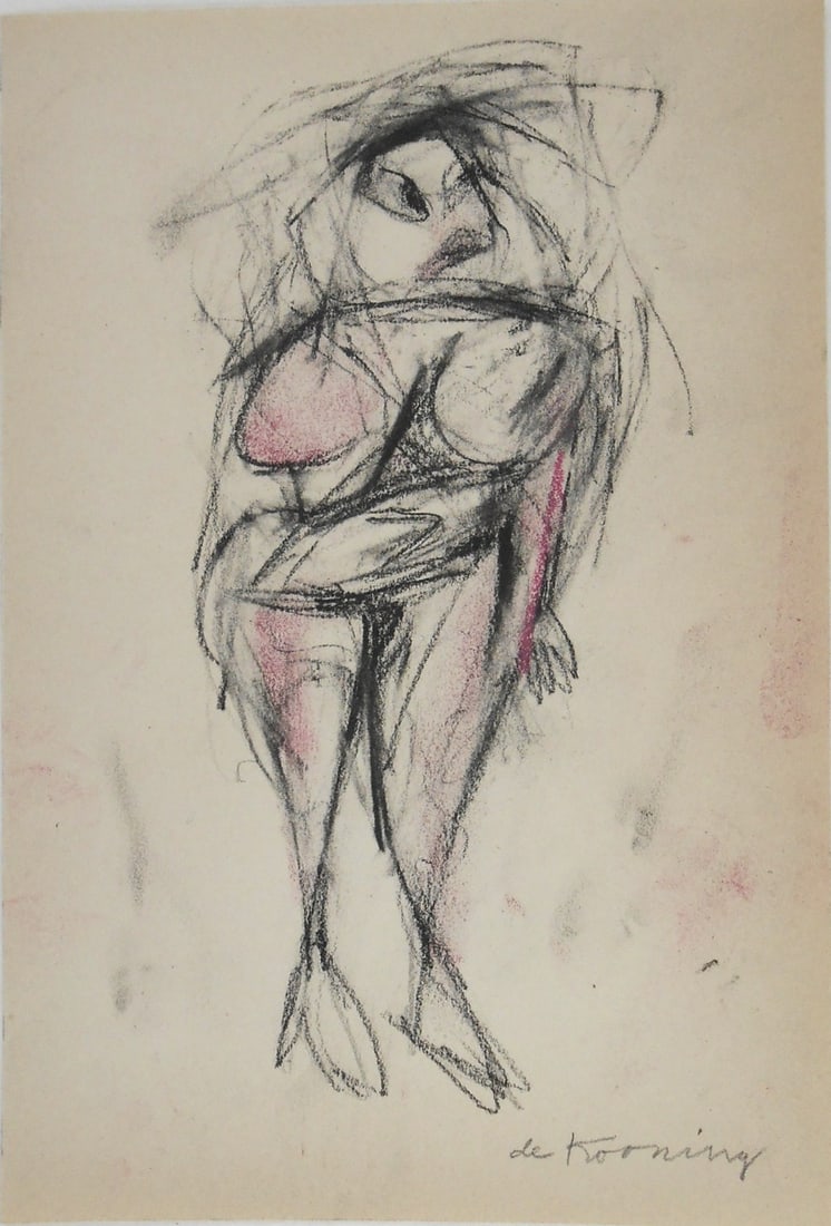 Willem De Kooning* (1904-1997) Charcoal Drawing (See Guarantee & Disclaimer: Charcoal drawing with chalk highlights on wove paper, standing woman ("Mary with a Hat"), signed (Willem de Kooning*, 1904-1997). Circa 1950-1955. Very good condition, having no apparent damage or rep