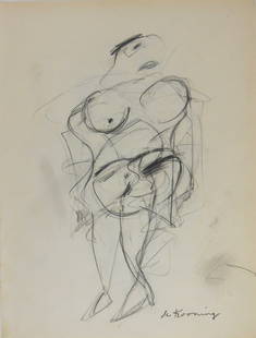 Willem De Kooning* (1904-1997) Double-Sided Drawing (See Guarantee & Disclaimer: Double-sided charcoal and pencil drawing on wove paper, standing woman in charcoal on one side, standing woman in pencil on the reverse. One signed (Willem de Kooning*, 1904-1997). Circa 1950-1955.