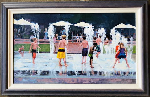 Oil Painting By Brian Johnston: Oil painting on canvas, "Fountain Fun," by Brian Johnston. Signed. Circa late 20th century. Excellent condition. Canvas measures 14 x 24 inches. Framed Dimensions: H. 18 inches W. 28 inches D. 2