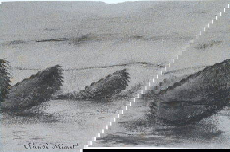 Claude Monet* (1840-1926) Charcoal Drawing (See Guarantee & Disclaimer): Charcoal drawing on bluish-grey wove paper, field with haystacks, signed (Claude Monet*, 1840-1926). Good condition overall, having no visible damage or repairs. Removed from frame for inspection,