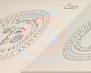 Pablo Picasso* (1881-1973) Colored Pencil Drawing (See Guarantee & Disclaimer): Colored pencil drawing on cream-color wove paper, portrait of a faun (possibly a design for a ceramic), signed (Pablo Picasso*, 1881-1973). Very good condition overall. No visible damage or signs of