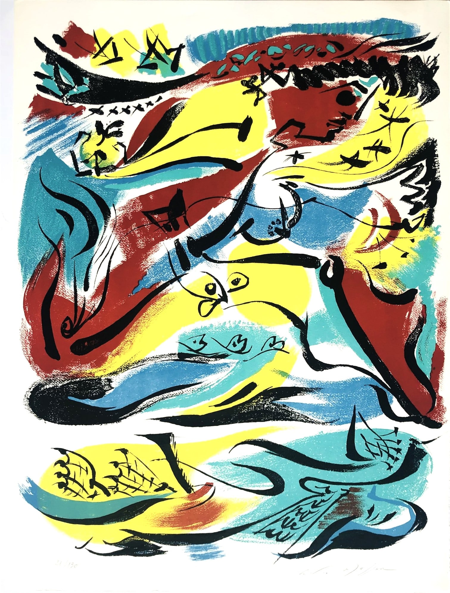 Andre Masson (1896-1987) Color Lithograph, Signed: Original color lithograph on Arches paper, Atalante, by Andre Masson (1896-1987), circa 1967. From the edition of 130, pencil signed and numbered. Excellent condition. Unframed.Dimensions: H. 29 inche