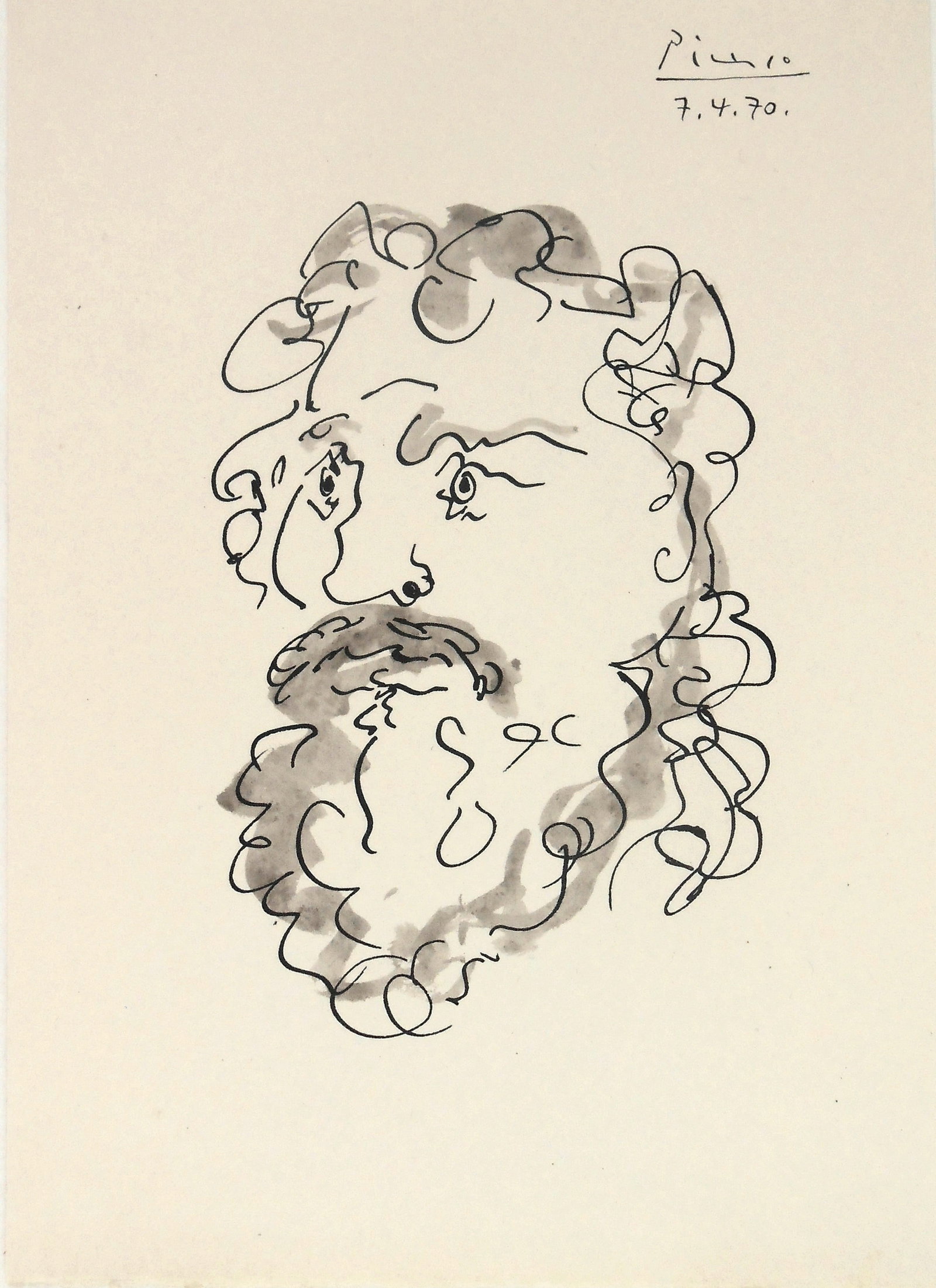 Pablo Picasso* (1881-1973) Ink Drawing (See Guarantee & Disclaimer): Black ink and wash drawing on fine off-white wove paper, portrait of a man, signed and dated (Pablo Picasso*, 1881-1973). Very good condition overall. No visible damage or signs of repair. Removed fro