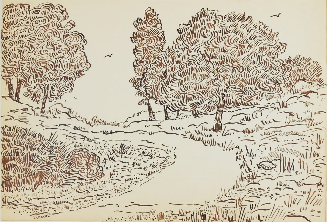 Vincent Van Gogh* (1853-1890) Ink Drawing (See Guarantee & Disclaimer): Pen and ink drawing on laid paper, landscape with trees and path, signed (Vincent van Gogh*, 1853-1890). Very good condition, having no readily apparent damage or repairs. Removed from frame for inspe