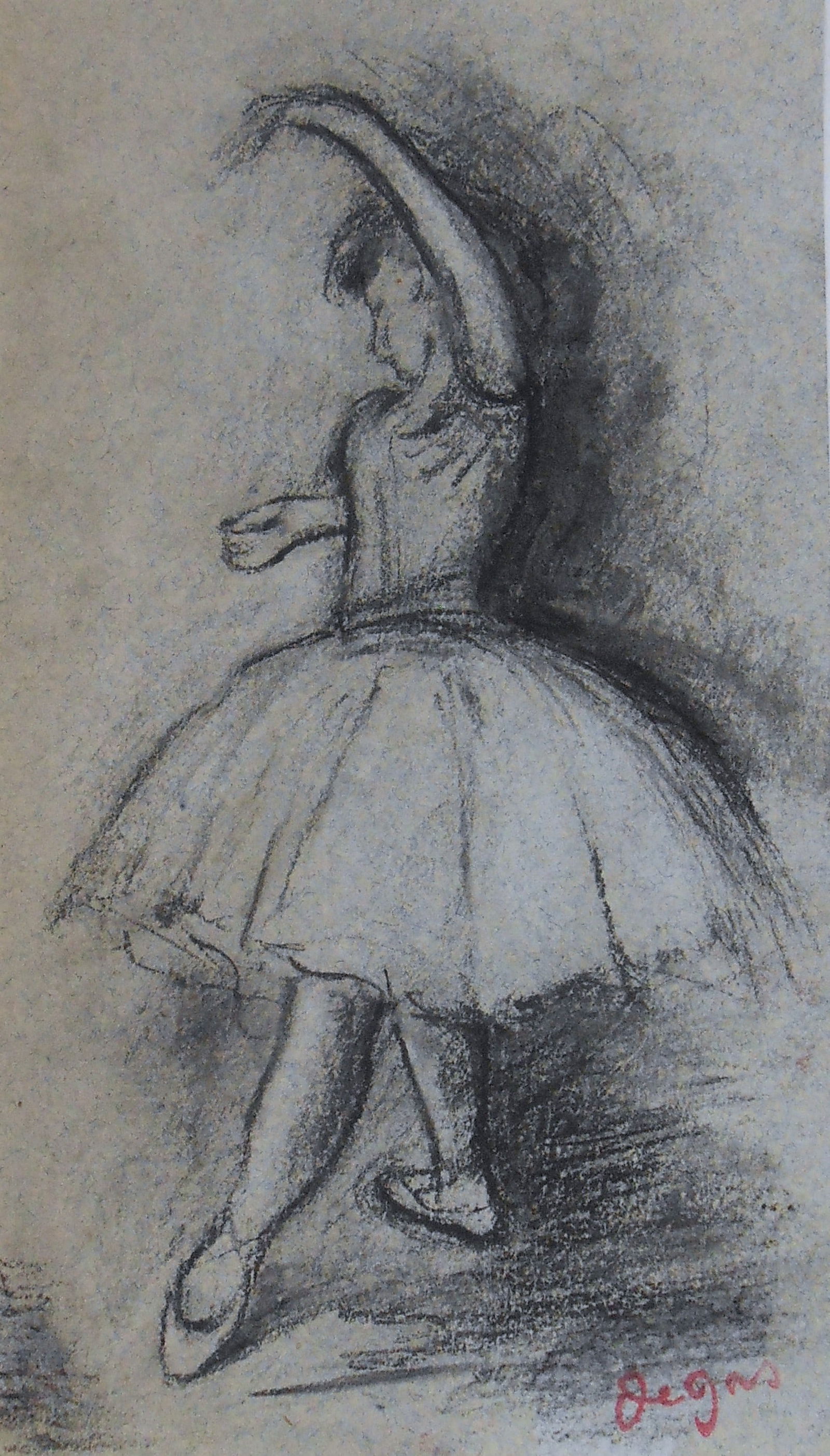 Edgar Degas* (1834-1917) Charcoal Drawing (See Guarantee & Disclaimer): Charcoal sketch on blue wove paper (Fabriano?), study of a dancer, stamped signature (Edgar Degas*, 1834-1917). Good condition overall, having no visible signs of damage or repairs. Removed from frame