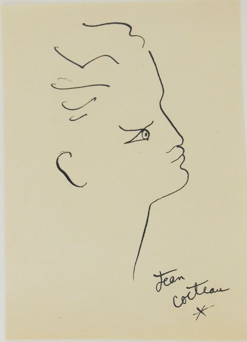 Jean Cocteau* (1889-1963) Pen & Ink Drawing: Black ink drawing on wove paper, possibly a portrait of Orpheus, signed (Jean Cocteau*, 1889-1963). Circa 1940-1960. Very good condition overall; no apparent damage or repairs. Removed from frame to f