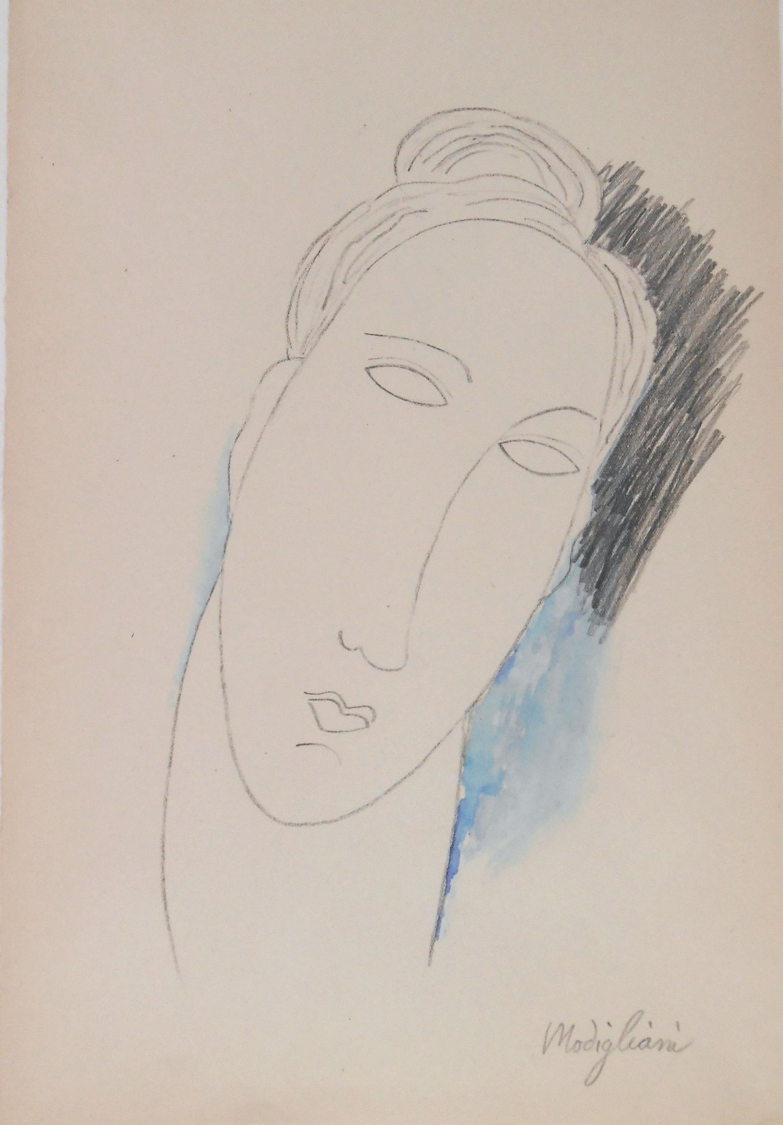 Amedeo Modigliani* (1884-1920) Pencil Drawing (See Guarantee & Disclaimer): Pencil drawing with watercolor on wove sketchbook paper, Tete de face, signed (Amedeo Modigliani*, 1884-1920). Very good condition, having no visible damage or signs of repair. Removed from frame for