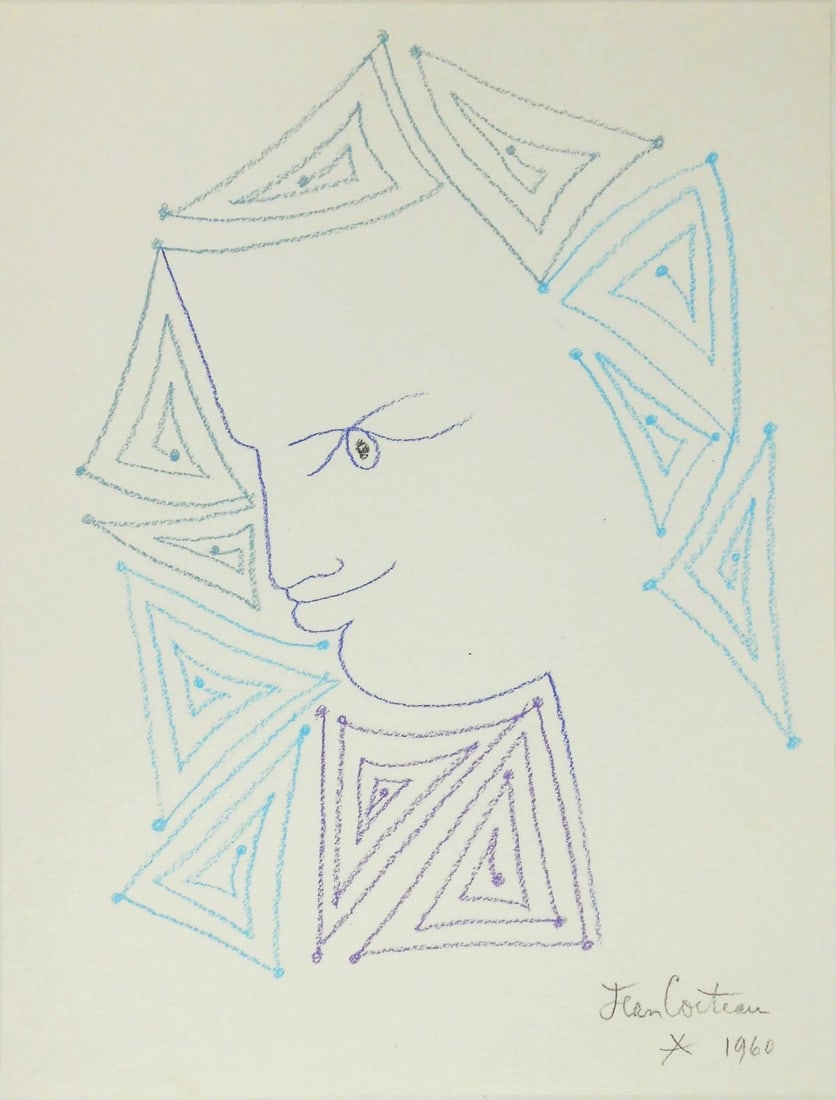 Jean Cocteau* (1889-1963) Colored Pencil Drawing (See Guarantee & Disclaimer): Colored pencil drawing on heavy wove paper, Orpheus with arabesques, signed and dated (Jean Cocteau*, 1889-1963). Excellent condition overall, having no apparent damage or repairs. Removed from frame