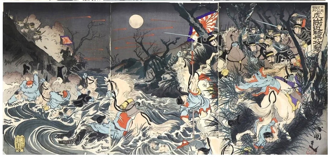 Japanese Woodblock Triptych, Ca. 1890-1910: Japanese oban woodblock triptych depicting a battle scene from the first Sino-Japanese War, 1894. Overall condition is very good. Dimensions (each print): H. 14 1/2 inches W. 9 3/4 inches