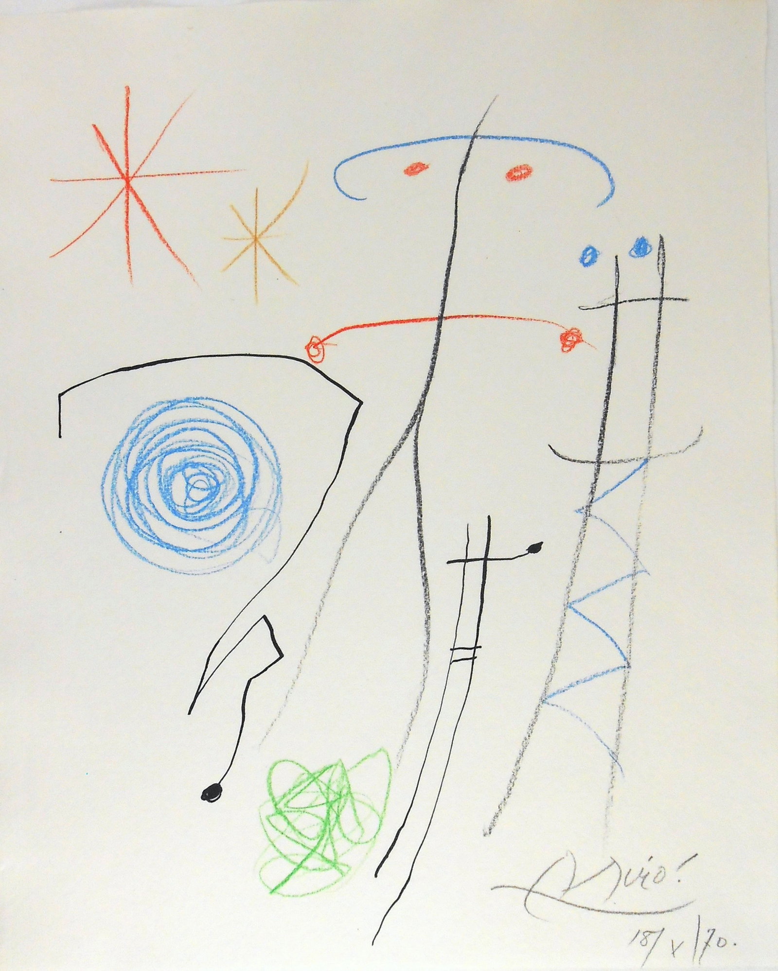 Joan Miro* (1893-1983) Mixed Media Drawing (See Guarantee & Disclaimer): Mixed media drawing on handmade laid paper, untitled abstract (figures and constellations), signed and dated in pencil (Joan Miro*, 1893-1983). Very good condition. No visible damage or repairs. Remov