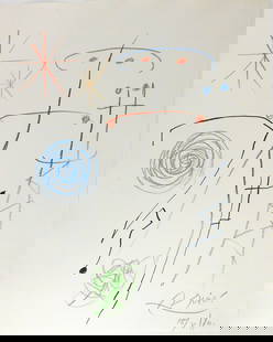 Joan Miro* (1893-1983) Mixed Media Drawing (See Guarantee & Disclaimer): Mixed media drawing on handmade laid paper, untitled abstract (figures and constellations), signed and dated in pencil (Joan Miro*, 1893-1983). Very good condition. No visible damage or repairs. Remov