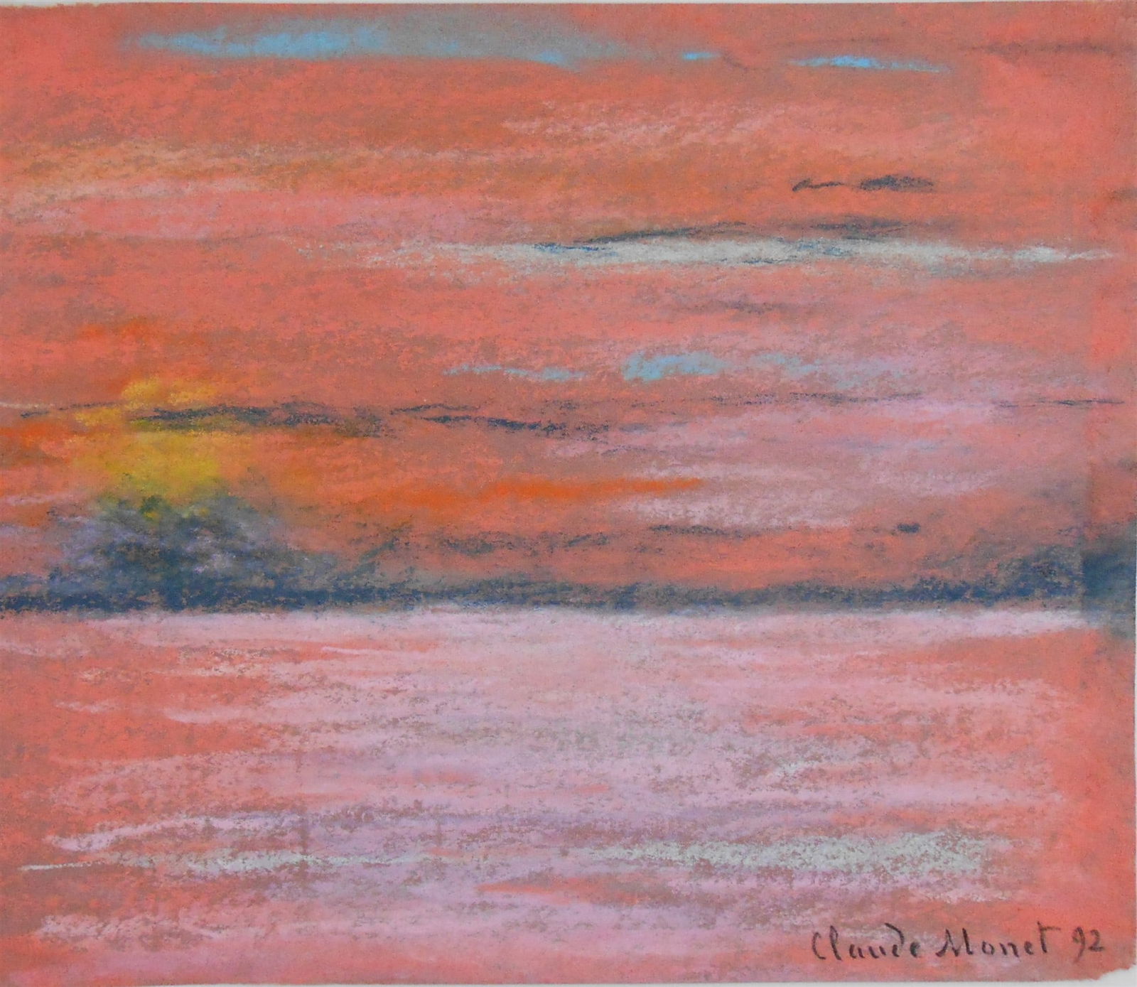 Claude Monet* (1840-1926) Pastel (See Guarantee & Disclaimer): Pastel on rose-colored wove paper, brilliant orange sunset over an ocean or wide river, signed and dated (Claude Monet*, 1840-1926). Good condition overall. Unframed for inspection, photographing, and