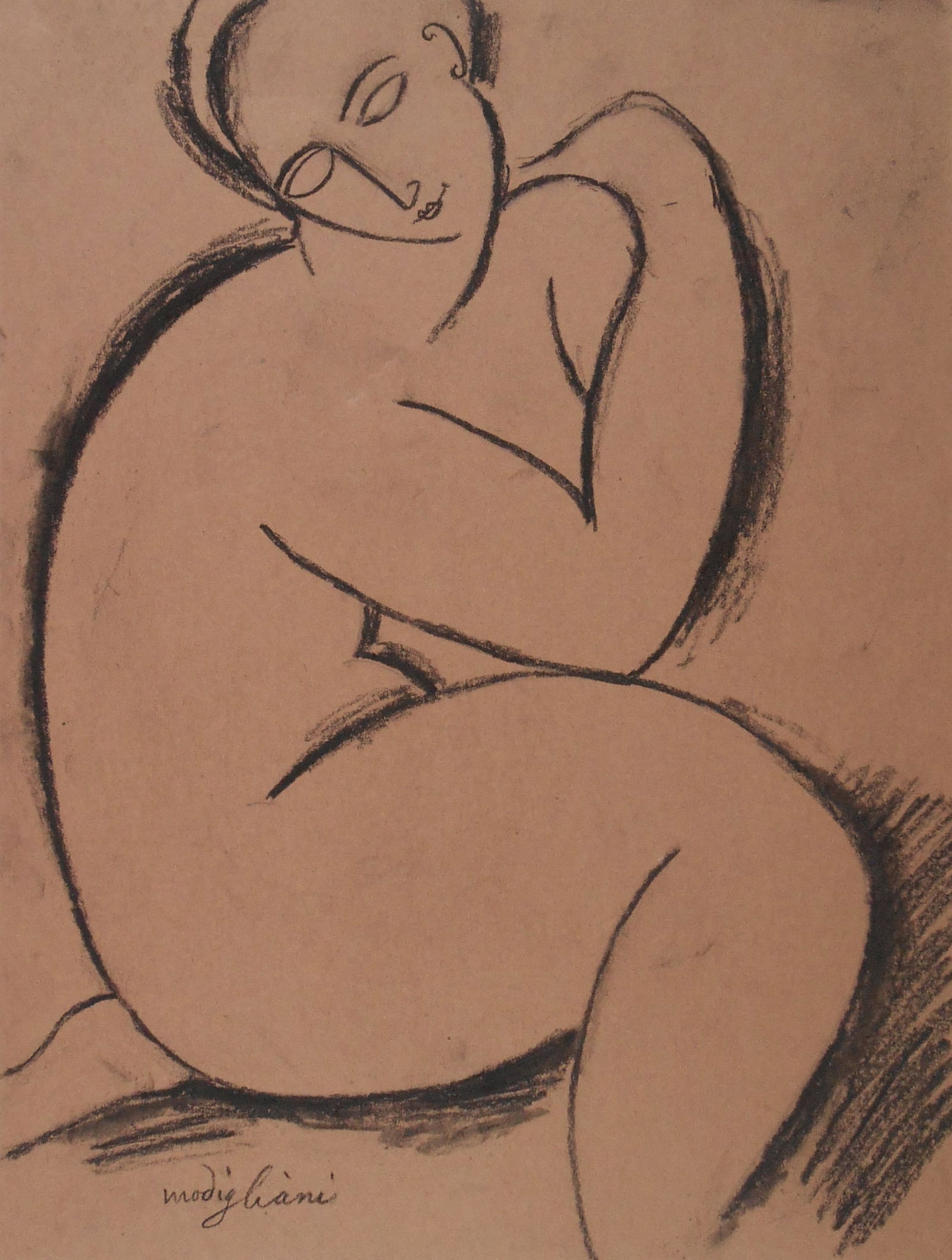 Amedeo Modigliani* (1884-1920) Charcoal Drawing (See Guarantee & Disclaimer): Charcoal drawing with slight traces of pencil on brown wove paper, Cariatide, signed (Amedeo Modigliani*, 1884-1920). Very good condition overall, having no visible damage or signs of repair; no margi