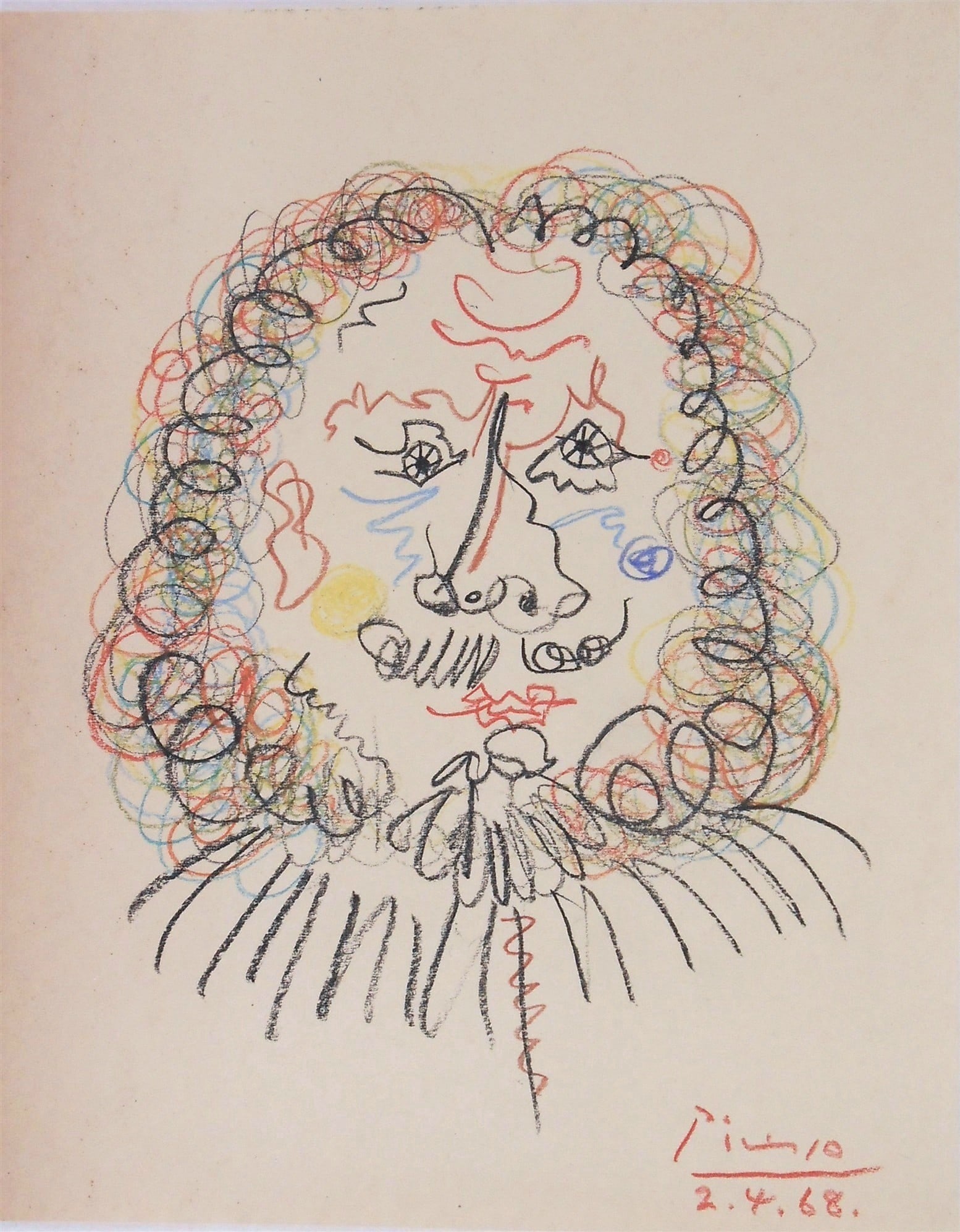 Pablo Picasso* (1881-1973) Colored Pencil Drawing (See Guarantee & Disclaimer): Colored pencil drawing on light cream-color wove paper, portrait, signed and dated (Pablo Picasso*, 1881-1973). Very good condition overall. No visible damage or signs of repair. Removed from frame fo