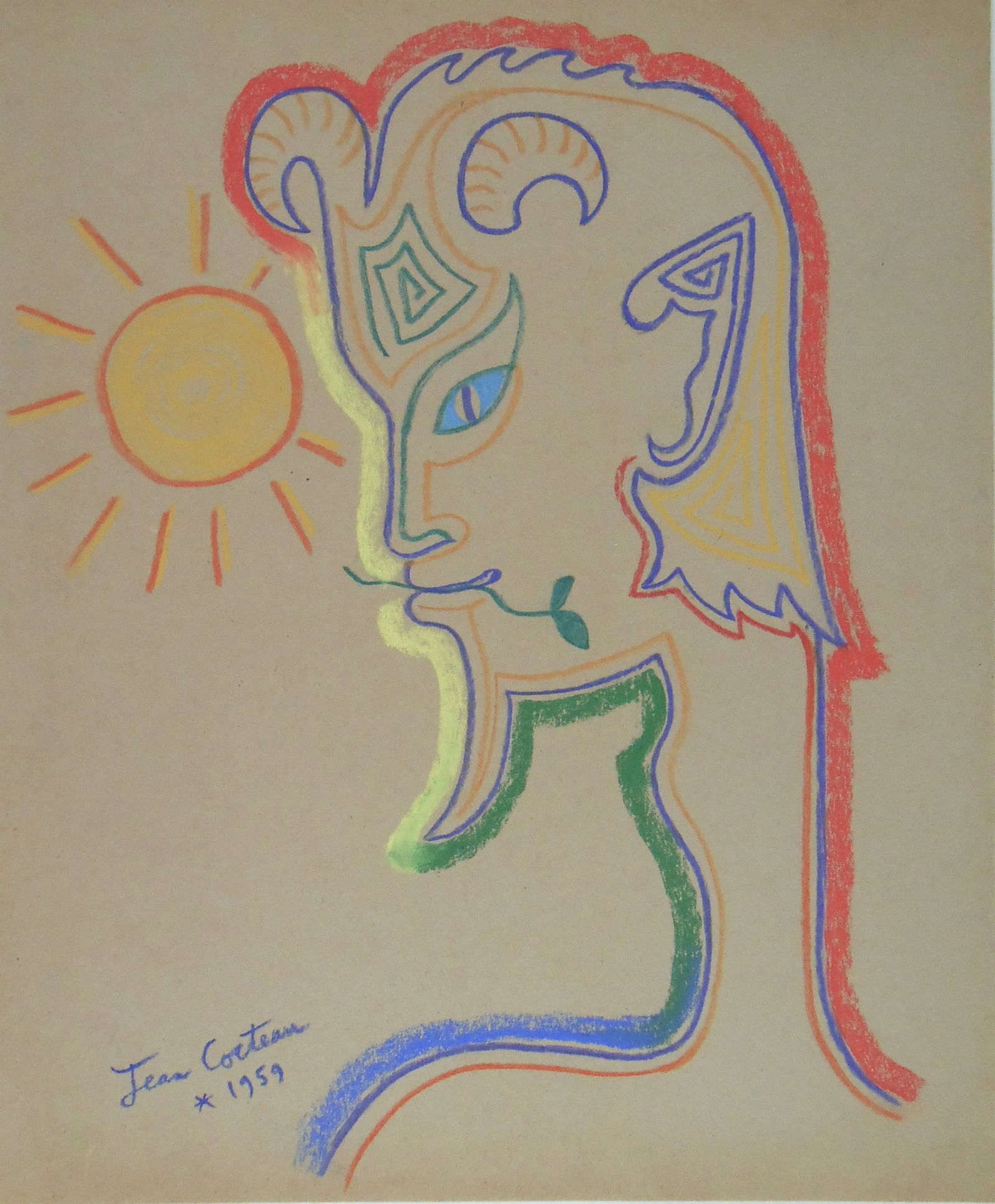 Jean Cocteau* (1889-1963) Chalk Drawing (See Guarantee & Disclaimer): Colored chalk drawing on greenish-tan wove paper, satyr with sun, signed and dated (Jean Cocteau*, 1889-1963). Very good condition overall, having no visible damage or signs of repair. Removed from fr