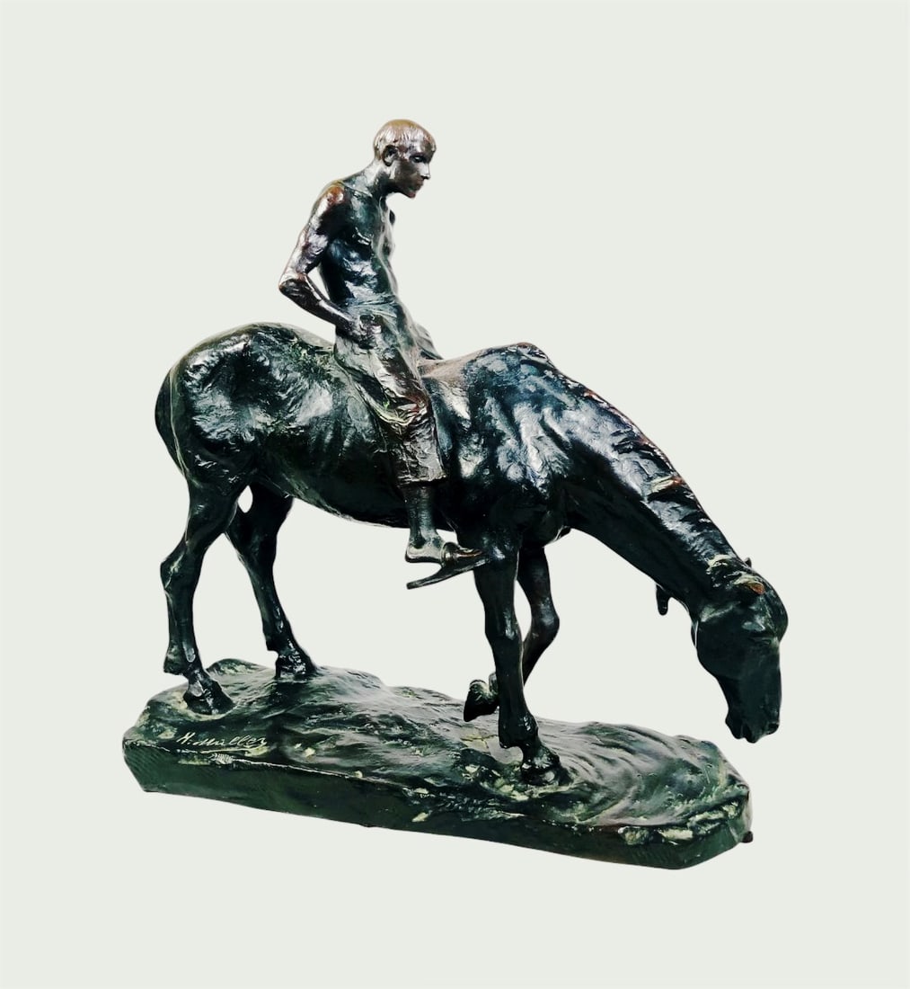 Hans Muller (1873-1937) Bronze, Signed: Bronze figure of a horse and rider, signed H. Muller (Hans Muller, 1873-1937). Very minor wear to small areas of patination, otherwise excellent. Dimensions: L. 12 inches H. 12 inches D. 4 inches