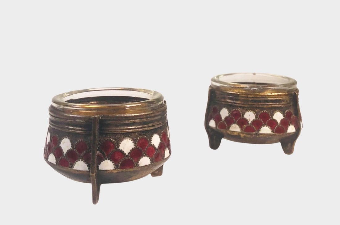 Fine Pair Of Enamel Salt Cellars: Nice pair of enameled silver salt cellars, each with gilt wash interior and glass liner. Probably Austrian or Russian. Marked 800 (silver standard). Circa late-19th or early 20th century. Dimensions: 