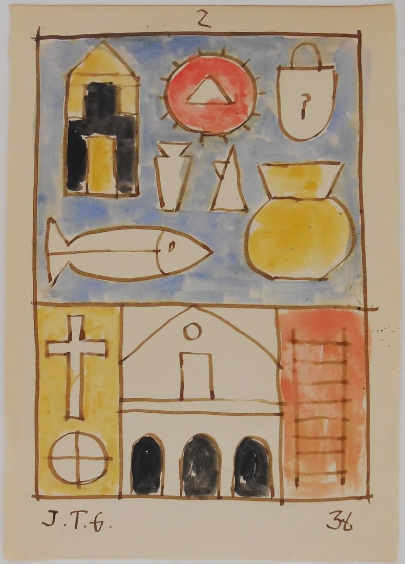 Joaquin Torres-Garcia (1874-1949) Watercolor (See Guarantee & Disclaimer): Watercolor and black ink with pencil on thin wove sketchbook paper, constructive composition, signed with the artist's initials and dated (Joaquin Torres-Garcia*, 1874-1949). Good condition overall. R