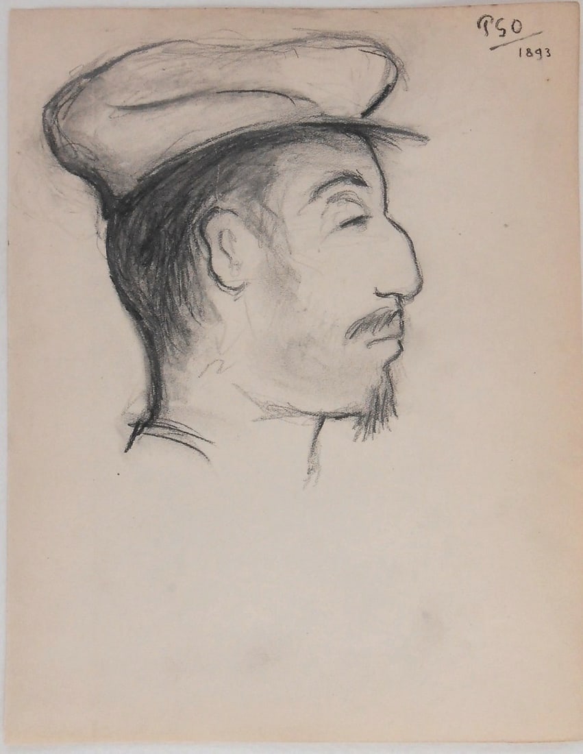 Paul Gauguin* (1848-1903) Charcoal Drawing (See Guarantee & Disclaimer): Pencil drawing with charcoal on wove paper, self-portrait, signed with the artist's monogram and dated 1893 (Paul Gauguin*, 1848-1903). Very good condition overall, having no visible damage or repairs