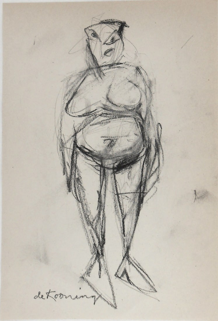 Willem De Kooning* (1904-1997) Charcoal Drawing (See Guarantee & Disclaimer: Charcoal drawing on wove paper, standing woman, signed (Willem de Kooning*, 1904-1997). Circa 1950-1955. Very good condition, having no apparent damage or repairs. Removed from frame for inspection, p